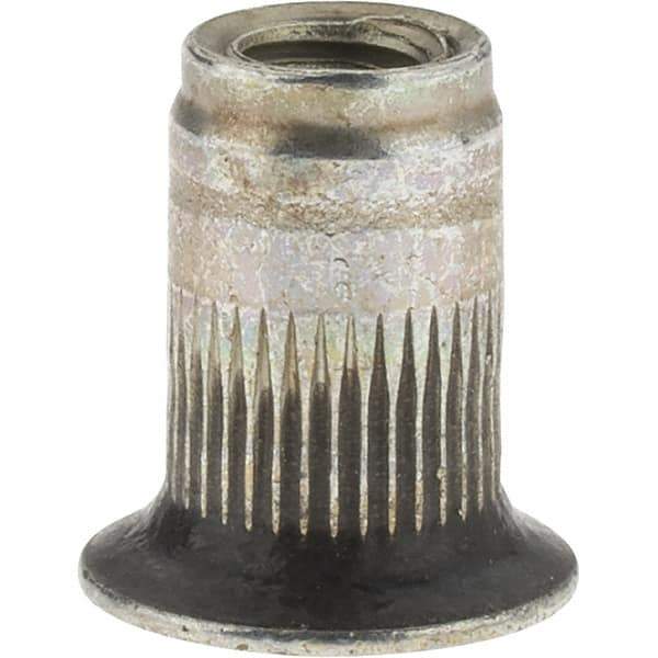Value Collection - M4x0.70, 6.73mm Insert Diam, 10.67mm OAL, Knurled Body Open End Threaded Insert - 6.75mm Hole Diam, 9.91mm Head Diam, 1008/1010 Steel, Clear Protective Coating & Zinc Yellow Dichromate Finish - Exact Tool & Supply