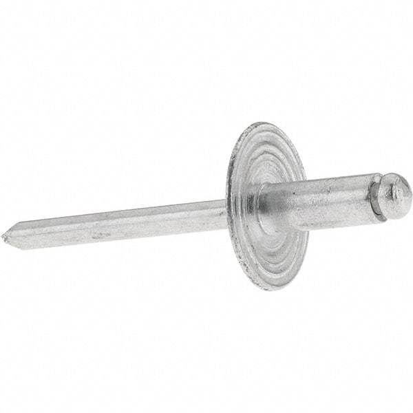 Value Collection - Size 64 Large Flange Dome Head Aluminum Open End Blind Rivet - Aluminum Mandrel, 0.062" to 1/4" Grip, 0.615" Head Diam, 0.192" to 0.196" Hole Diam, 0.45" Length Under Head, 3/16" Body Diam - Exact Tool & Supply