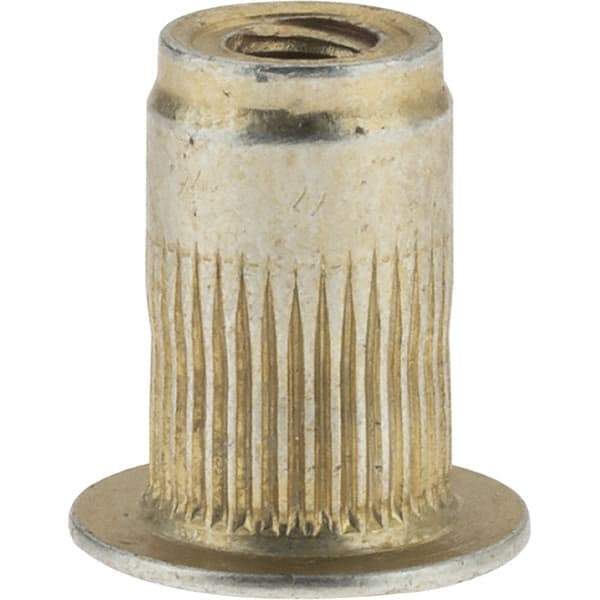 Value Collection - #6-32, 0.265 Insert Diam, 0.42" OAL, Knurled Body Open End Threaded Insert - 0.2656" Hole Diam, 0.39" Head Diam, 1008/1010 Steel, Clear Protective Coating & Zinc Yellow Dichromate Finish - Exact Tool & Supply