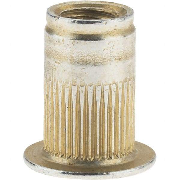 Value Collection - #8-32, 0.265 Insert Diam, 0.42" OAL, Knurled Body Open End Threaded Insert - 0.2656" Hole Diam, 0.39" Head Diam, 1008/1010 Steel, Clear Protective Coating & Zinc Yellow Dichromate Finish - Exact Tool & Supply