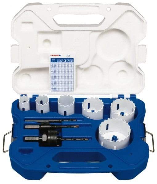 Lenox - 8 Piece, 7/8" to 2-1/2" Saw Diam, Electrician's Hole Saw Kit - Carbide-Tipped, Toothed Edge, Pilot Drill Model No. 123CT, Includes 6 Hole Saws - Exact Tool & Supply