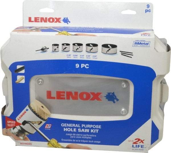Lenox - 9 Piece, 2-1/8" to 4-3/4" Saw Diam, General Purpose Hole Saw Kit - Bi-Metal, Includes 5 Hole Saws - Exact Tool & Supply
