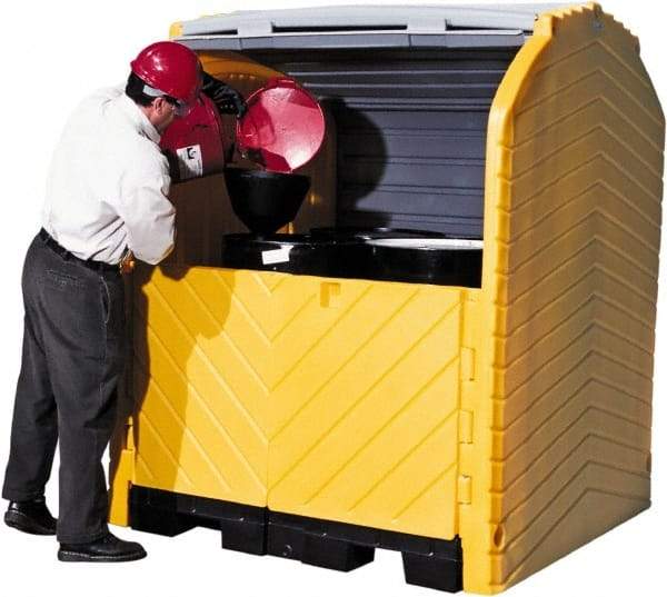 UltraTech - 62" Wide x 64-1/2" Deep x 79" High, Polyethylene Vertical Drum Cabinet - Yellow/Black, Roll Top & Swing-out Barn Style Door, 1 Shelf, 4 Drums - Exact Tool & Supply