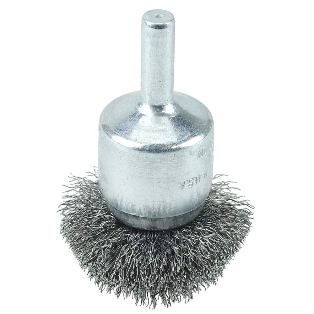Weiler - End Brushes; Brush Diameter (Inch): 1-1/2 ; Fill Material: Steel ; Filament/Wire Diameter Range (Decimal Inch): 0.0201 and Above ; Filament/Wire Diameter (Decimal Inch): 0.0060 ; Wire Type: Crimped Wire ; Bridled: No - Exact Tool & Supply