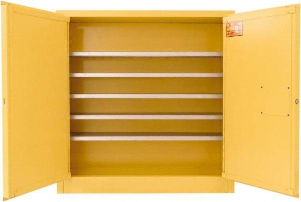 Securall Cabinets - 2 Door, 5 Shelf, Yellow Steel Wall Mount Safety Cabinet for Flammable and Combustible Liquids - 44" High x 43" Wide x 12" Deep, Manual Closing Door, 3 Point Key Lock, 24 Gal Capacity - Exact Tool & Supply