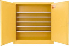 Securall Cabinets - 2 Door, 5 Shelf, Yellow Steel Wall Mount Safety Cabinet for Flammable and Combustible Liquids - 44" High x 43" Wide x 12" Deep, Manual Closing Door, 3 Point Key Lock, 24 Gal Capacity - Exact Tool & Supply