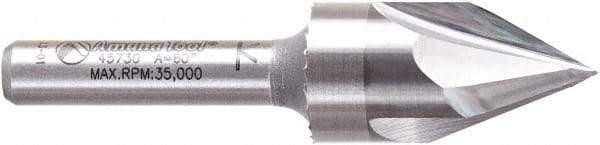 Amana Tool - 9/16" Cut Diam, 1/2" Length of Cut, 3 Flute V-Groove Edge Profile Router Bit - Solid Carbide, 1/4" Shank Diam, 2-1/4" OAL, Uncoated - Exact Tool & Supply