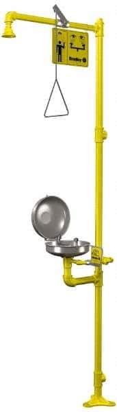 Bradley - 1-1/4" Inlet, 26 GPM shower Flow, Drench shower & Eyewash Station - Bowl with Hinged Dust Cover, Triangular Pull Rod & Push Flag Activated, Galvanized Steel Pipe, Plastic Shower Head, 0.4 GPM Bowl Flow, Corrosion Resistant, Top or Mid Supply - Exact Tool & Supply