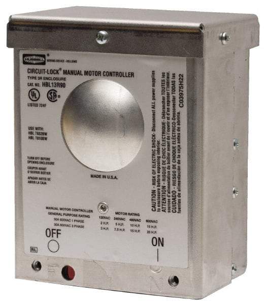 Hubbell Wiring Device-Kellems - 2 Poles, 60 Amp, NEMA, Enclosed Pushbutton Manual Motor Starter - 111.8mm Wide x 83.8mm Deep x 256.8mm High, 15 hp, CSA Certified, NEMA 3R & UL Listed - Exact Tool & Supply