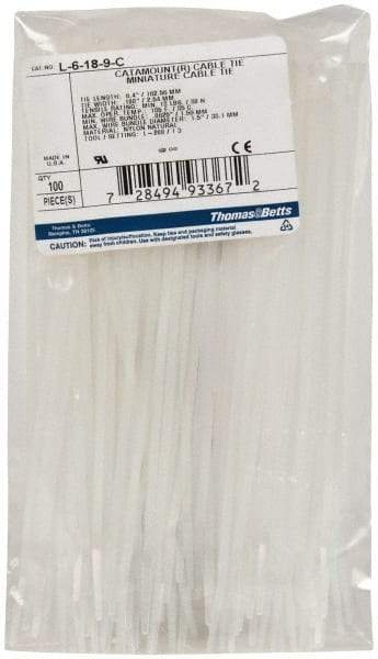 Thomas & Betts - 6.4" Long Natural (Color) Nylon Standard Cable Tie - 18 Lb Tensile Strength, 1.13mm Thick, 1-1/2" Max Bundle Diam - Exact Tool & Supply