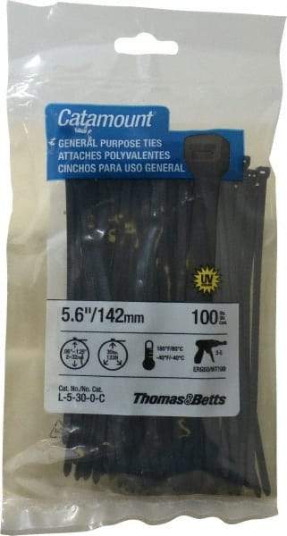 Thomas & Betts - 5.6" Long Black Nylon Standard Cable Tie - 30 Lb Tensile Strength, 1.21mm Thick, 1-1/4" Max Bundle Diam - Exact Tool & Supply