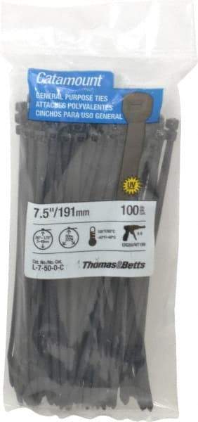 Thomas & Betts - 7-1/2" Long Black Nylon Standard Cable Tie - 50 Lb Tensile Strength, 1.35mm Thick, 5/8" Max Bundle Diam - Exact Tool & Supply