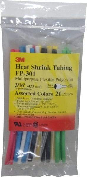 3M - 6" Long, 2:1, Polyolefin Heat Shrink Electrical Tubing - Black, Blue, Clear, Green, Red, White, Yellow - Exact Tool & Supply