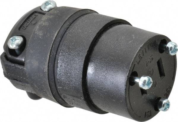 Leviton - 125 VAC, 15 Amp, 1-15R NEMA, Straight, Ungrounded, Commercial Grade Connector - 2 Pole, 2 Wire, 1 Phase, Rubber, Black - Exact Tool & Supply