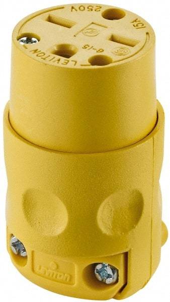 Leviton - 250 VAC, 15 Amp, 6-15R NEMA, Straight, Self Grounding, Commercial Grade Connector - 2 Pole, 3 Wire, 3 Phase, PVC, Yellow - Exact Tool & Supply