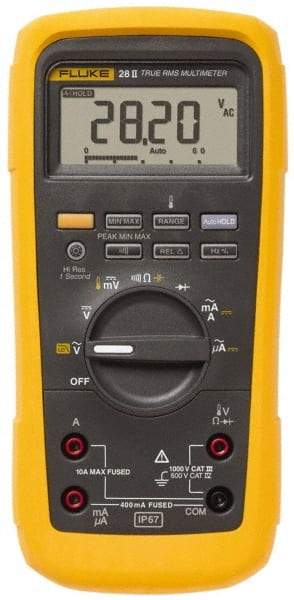 Fluke - 28-II, CAT IV, CAT III, 1,000 VAC/VDC, Digital True RMS Auto Ranging Manual Ranging Multimeter - 50 mOhm, Measures Voltage, Capacitance, Current, Frequency, Resistance, Temperature - Exact Tool & Supply