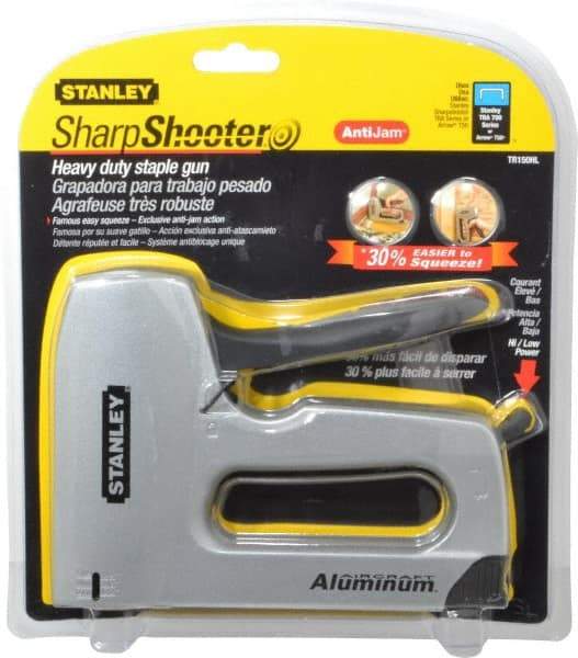 Stanley - Manual Staple Gun - 1/4, 5/16, 3/8, 1/2, 9/16" Staples, Yellow & Black, Aluminum - Exact Tool & Supply