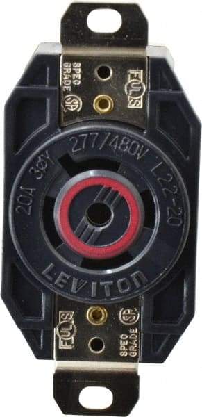 Leviton - 277/480 VAC, 20 Amp, L22-20R NEMA, Self Grounding Receptacle - 4 Poles, 5 Wire, Female End, Black - Exact Tool & Supply