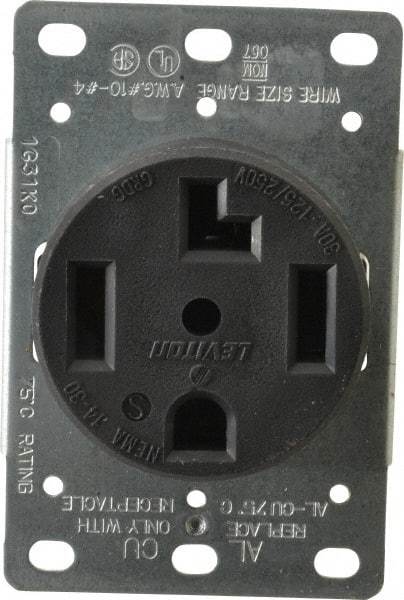 Leviton - 125/250 VAC, 30 Amp, 14-30R NEMA Configuration, Black, Industrial Grade, Self Grounding Single Receptacle - 1 Phase, 3 Poles, 4 Wire, Flush Mount, Corrosion Resistant - Exact Tool & Supply