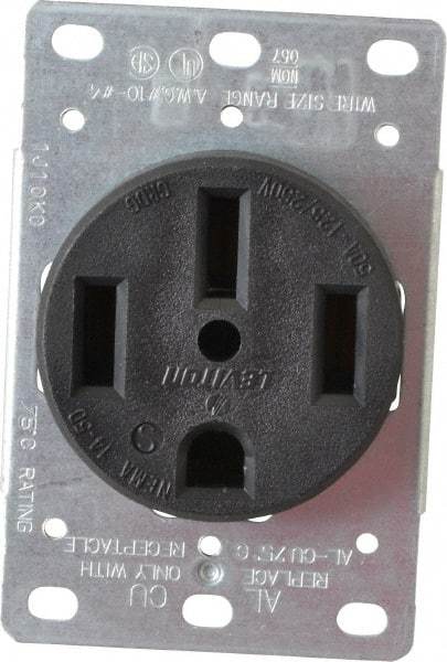 Leviton - 125/250 VAC, 50 Amp, 14-50R NEMA Configuration, Black, Industrial Grade, Self Grounding Single Receptacle - 1 Phase, 3 Poles, 4 Wire, Flush Mount, Corrosion Resistant - Exact Tool & Supply