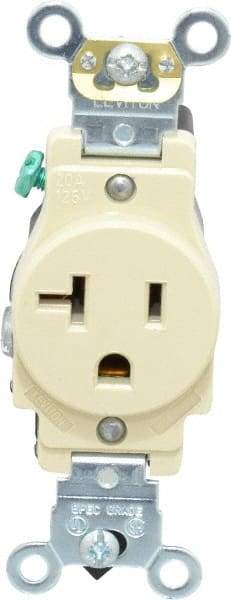 Leviton - 125 VAC, 20 Amp, 5-20R NEMA Configuration, Ivory, Industrial Grade, Self Grounding Single Receptacle - 1 Phase, 2 Poles, 3 Wire, Flush Mount, Impact and Tamper Resistant - Exact Tool & Supply