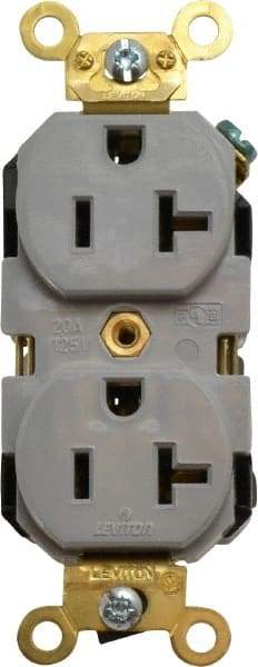 Leviton - 125 VAC, 20 Amp, 5-20R NEMA Configuration, Gray, Industrial Grade, Self Grounding Duplex Receptacle - 1 Phase, 2 Poles, 3 Wire, Flush Mount, Impact and Tamper Resistant - Exact Tool & Supply