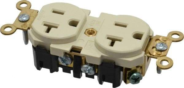 Leviton - 125 VAC, 20 Amp, 5-20R NEMA Configuration, Ivory, Industrial Grade, Self Grounding Duplex Receptacle - 1 Phase, 2 Poles, 3 Wire, Flush Mount, Impact and Tamper Resistant - Exact Tool & Supply