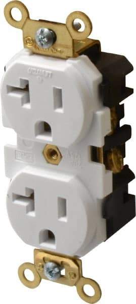 Leviton - 125 VAC, 20 Amp, 5-20R NEMA Configuration, White, Industrial Grade, Self Grounding Duplex Receptacle - 1 Phase, 2 Poles, 3 Wire, Flush Mount, Tamper Resistant - Exact Tool & Supply