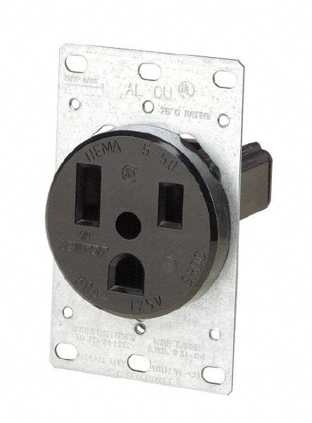 Leviton - 125 VAC, 50 Amp, 5-50P NEMA Configuration, Black, Industrial Grade, Self Grounding Single Receptacle - 1 Phase, 2 Poles, 3 Wire, Flush Mount, Tamper Resistant - Exact Tool & Supply