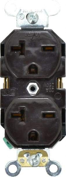Leviton - 250 VAC, 20 Amp, 6-20R NEMA Configuration, Brown, Industrial Grade, Self Grounding Duplex Receptacle - 1 Phase, 2 Poles, 3 Wire, Flush Mount, Impact and Tamper Resistant - Exact Tool & Supply