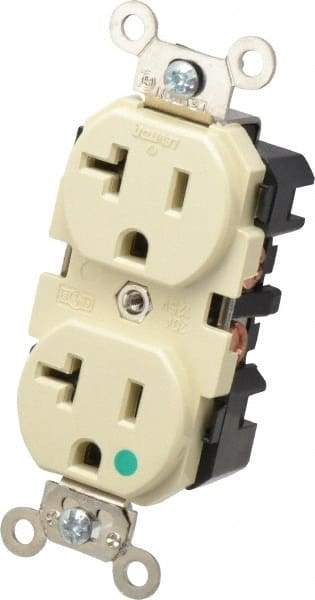 Leviton - 125 VAC, 20 Amp, 5-20R NEMA Configuration, Ivory, Hospital Grade, Self Grounding Duplex Receptacle - 1 Phase, 2 Poles, 3 Wire, Flush Mount, Impact Resistant - Exact Tool & Supply