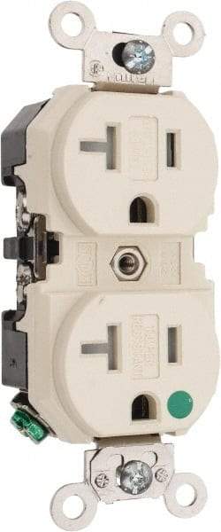 Leviton - 125 VAC, 20 Amp, 5-20R NEMA Configuration, Ivory, Hospital Grade, Self Grounding Duplex Receptacle - 1 Phase, 2 Poles, 3 Wire, Flush Mount, Tamper Resistant - Exact Tool & Supply