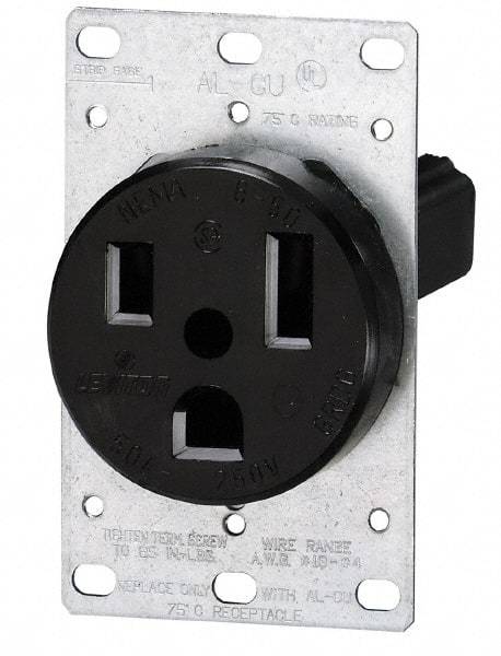 Leviton - 250 VAC, 60 Amp, 15-60R NEMA Configuration, Black, Industrial Grade, Self Grounding Single Receptacle - 1 Phase, 3 Poles, 4 Wire, Flush Mount, Tamper Resistant - Exact Tool & Supply