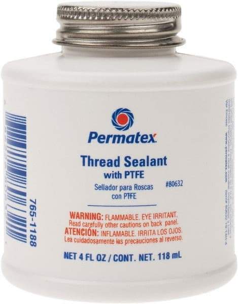 Permatex - 4 oz Brush Top Can White Thread Sealant - PTFE Based, 300°F Max Working Temp, For Use with Fittings - Exact Tool & Supply