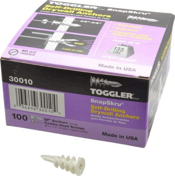 Toggler - #6 to 10 Screw, 5/16" Diam, 1-5/8" Long, 3/8 to 5/8" Thick, Self Drilling Drywall & Hollow Wall Anchor - Thermoplastic Alloy, Use in Drywall - Exact Tool & Supply