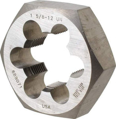 Made in USA - 1-5/8 - 12 UNS Thread, 3-1/8" Hex, Right Hand Thread, Hex Rethreading Die - Carbon Steel, 1" Thick - Exact Tool & Supply