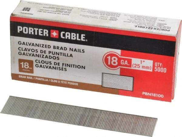 Porter-Cable - 18 Gauge 1" Long Brad Nails for Power Nailers - Grade 2 Steel, Galvanized Finish, Smooth Shank, Straight Stick Collation, Brad Head, Chisel Point - Exact Tool & Supply