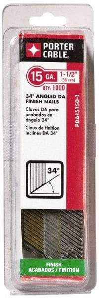 Porter-Cable - 15 Gauge 1-1/2" Long Finishing Nails for Power Nailers - Grade 2 Steel, Bright Finish, Angled Stick Collation, Chisel Point - Exact Tool & Supply