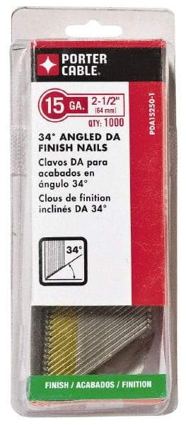 Porter-Cable - 15 Gauge 2-1/2" Long Finishing Nails for Power Nailers - Grade 2 Steel, Bright Finish, Angled Stick Collation, Chisel Point - Exact Tool & Supply