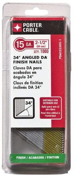 Porter-Cable - 15 Gauge 2-1/2" Long Finishing Nails for Power Nailers - Grade 2 Steel, Galvanized Finish, Angled Stick Collation, Chisel Point - Exact Tool & Supply