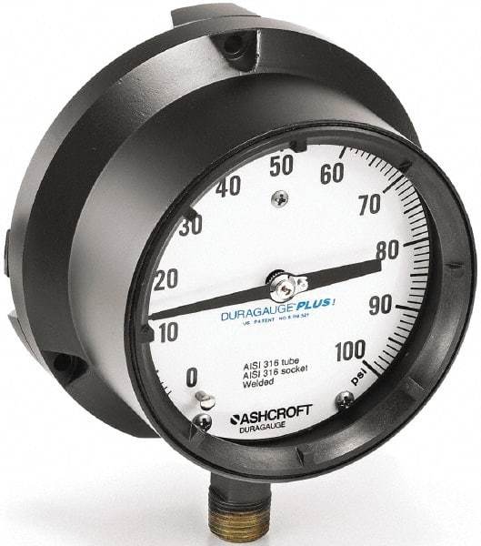 Ashcroft - 4-1/2" Dial, 1/2 Thread, 0-1,500 Scale Range, Pressure Gauge - Lower Connection, Rear Flange Connection Mount, Accurate to 0.5% of Scale - Exact Tool & Supply