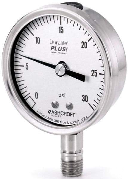 Ashcroft - 2-1/2" Dial, 1/4 Thread, 0-15 Scale Range, Pressure Gauge - Lower Connection Mount, Accurate to 1% of Scale - Exact Tool & Supply