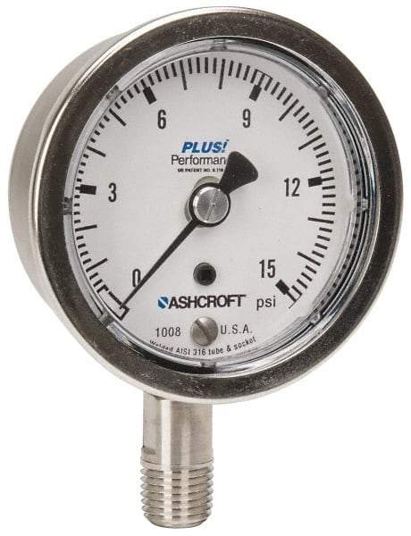 Ashcroft - 2-1/2" Dial, 1/4 Thread, 0-15 Scale Range, Pressure Gauge - Lower Connection Mount, Accurate to 3-2-3% of Scale - Exact Tool & Supply