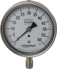 Ashcroft - 3-1/2" Dial, 1/4 Thread, 0-60 Scale Range, Pressure Gauge - Lower Connection Mount, Accurate to 1% of Scale - Exact Tool & Supply