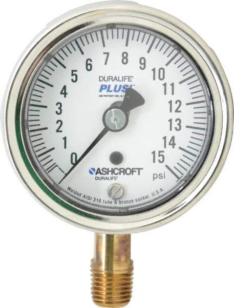 Ashcroft - 2-1/2" Dial, 1/4 Thread, 0-15 Scale Range, Pressure Gauge - Lower Connection Mount, Accurate to 1% of Scale - Exact Tool & Supply