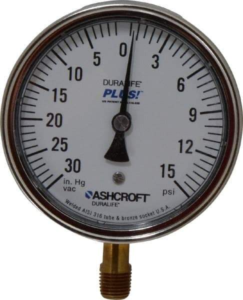 Ashcroft - 3-1/2" Dial, 1/4 Thread, 30-0-15 Scale Range, Pressure Gauge - Lower Connection Mount, Accurate to 1% of Scale - Exact Tool & Supply