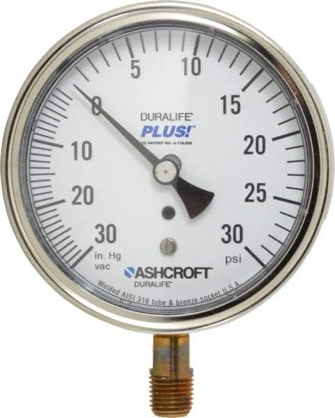 Ashcroft - 3-1/2" Dial, 1/4 Thread, 30-0-30 Scale Range, Pressure Gauge - Lower Connection Mount, Accurate to 1% of Scale - Exact Tool & Supply