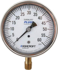 Ashcroft - 3-1/2" Dial, 1/4 Thread, 0-60 Scale Range, Pressure Gauge - Lower Connection Mount, Accurate to 1% of Scale - Exact Tool & Supply