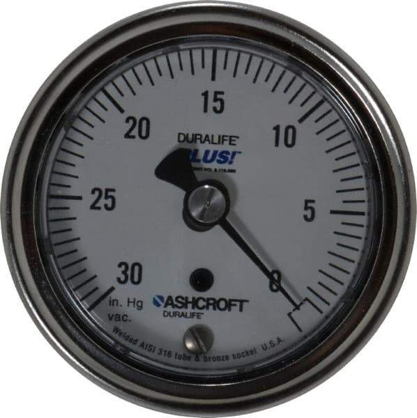 Ashcroft - 2-1/2" Dial, 1/4 Thread, 30-0 Scale Range, Pressure Gauge - Center Back Connection Mount, Accurate to 1% of Scale - Exact Tool & Supply