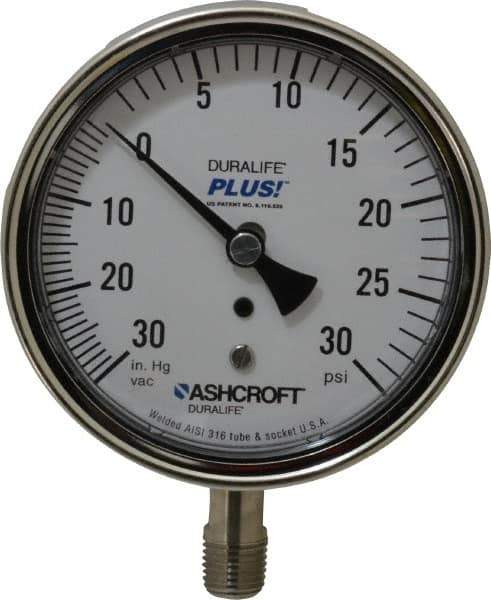 Ashcroft - 3-1/2" Dial, 1/4 Thread, 30-0-30 Scale Range, Pressure Gauge - Lower Connection Mount, Accurate to 1% of Scale - Exact Tool & Supply